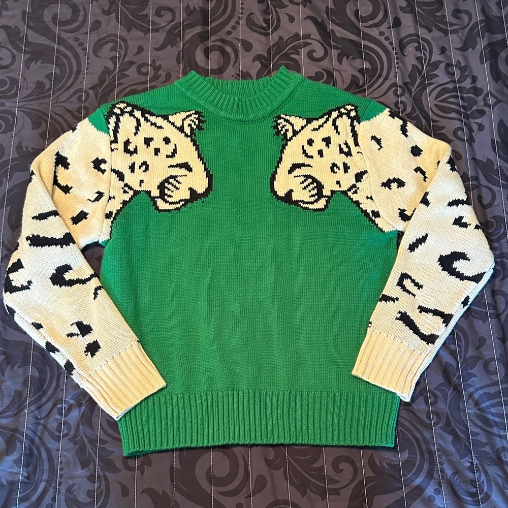 Green and Cream Leopard Sweater